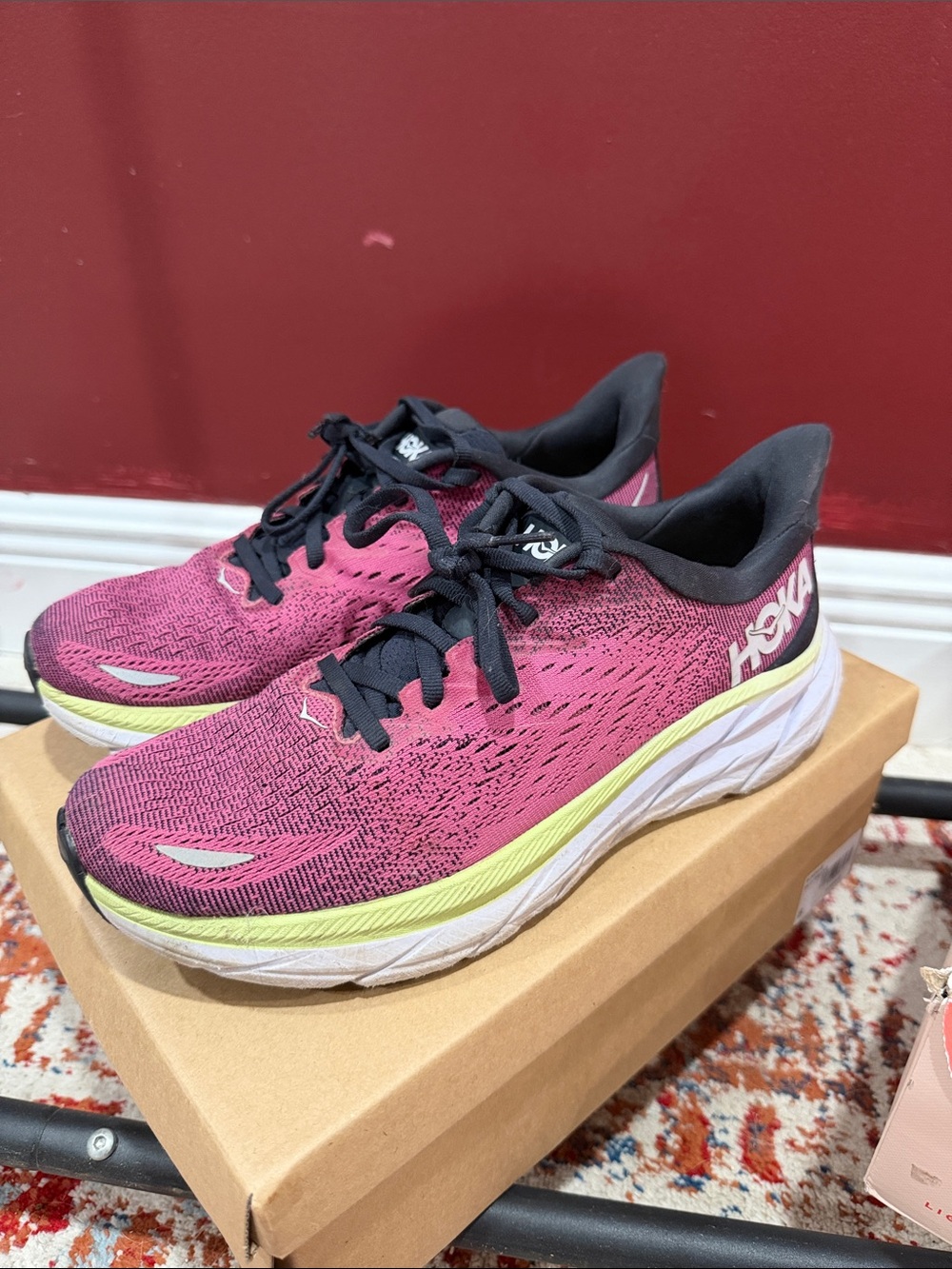 Hoka Women's Pink and Black Road Running Shoes with Lime Accent